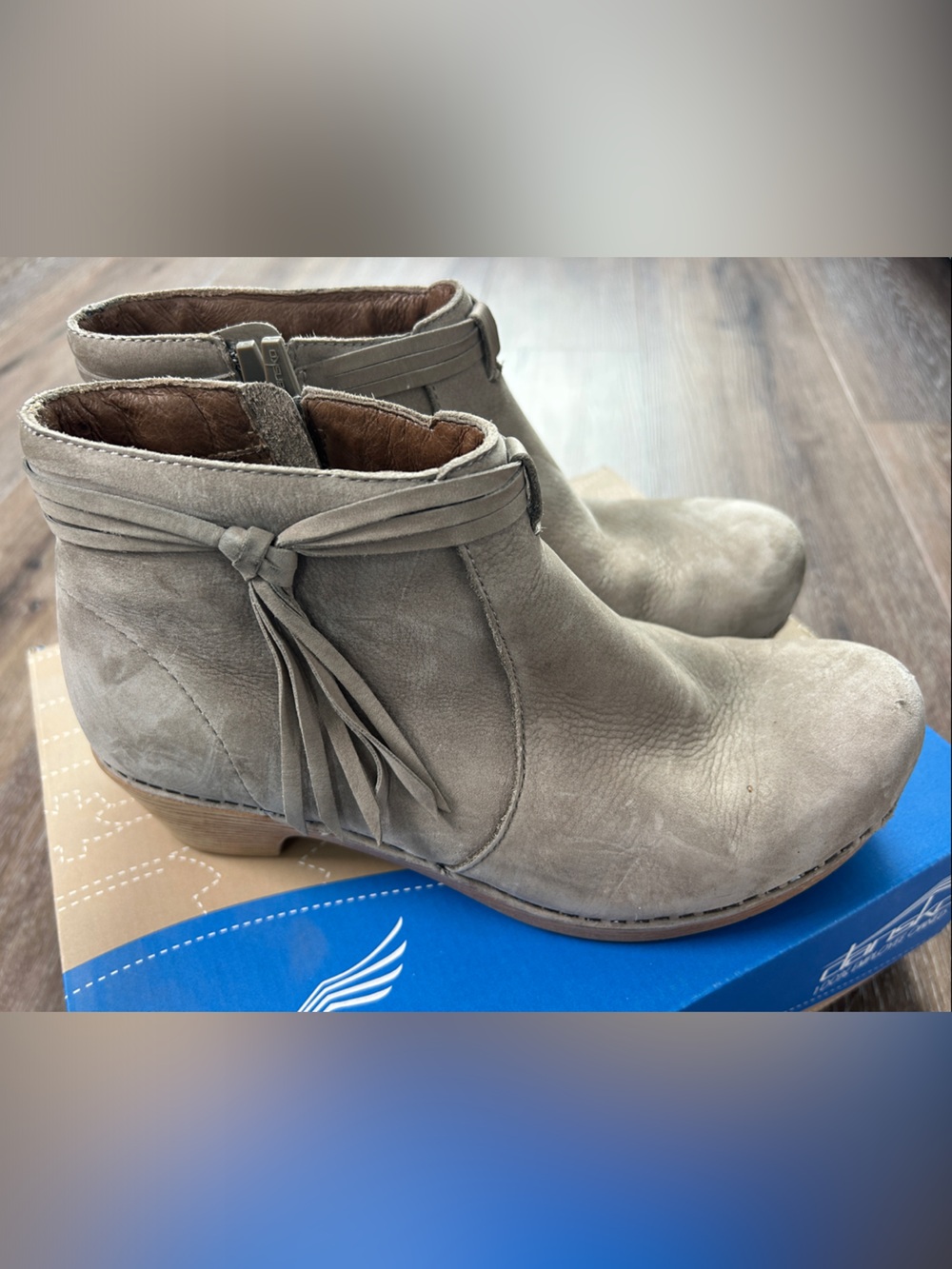 Dansko Taupe Suede Ankle Booties with Tassel